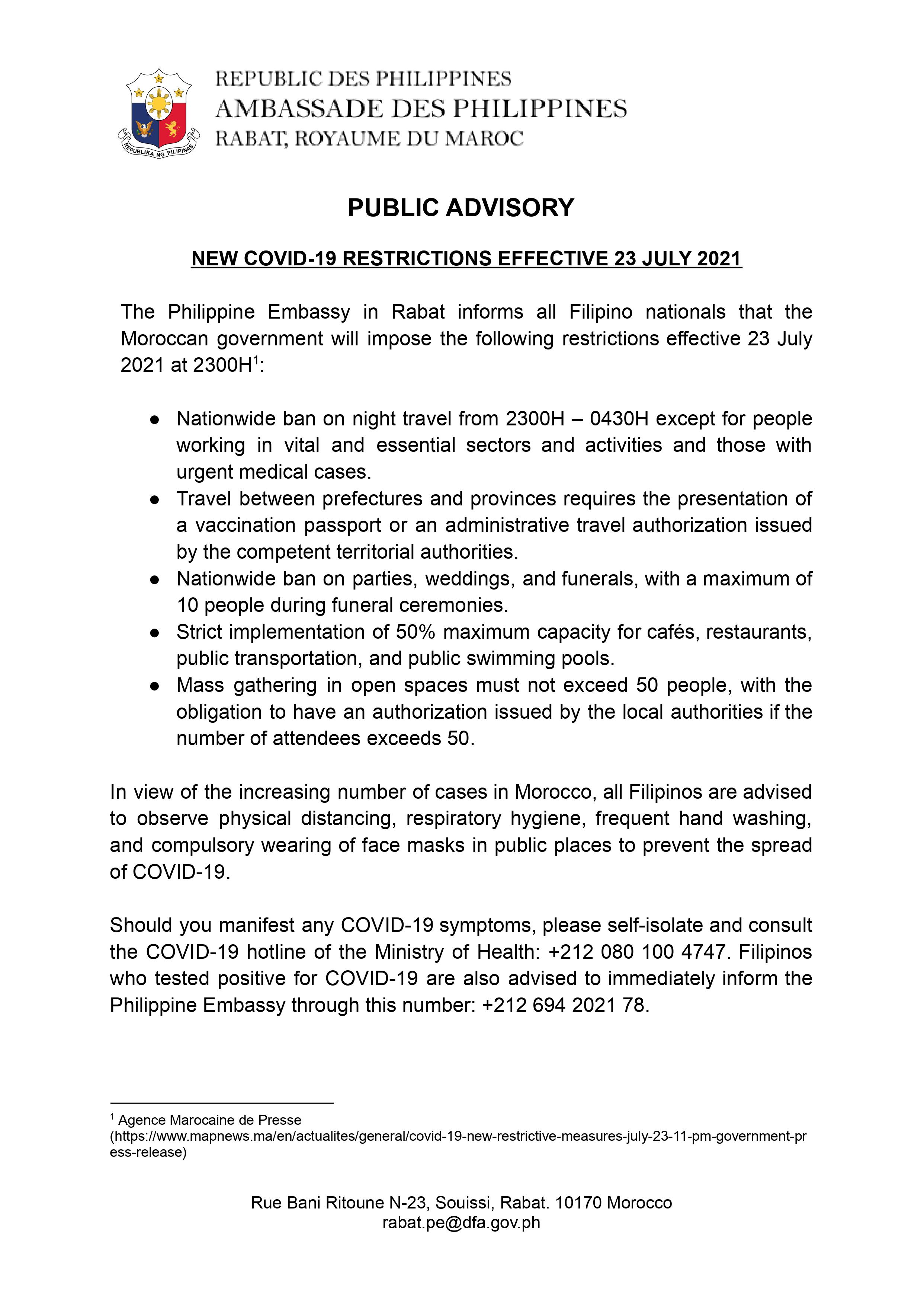 NEW COVID 19 RRESTRICTIONS EFFECTIVE 23 JULY 2021