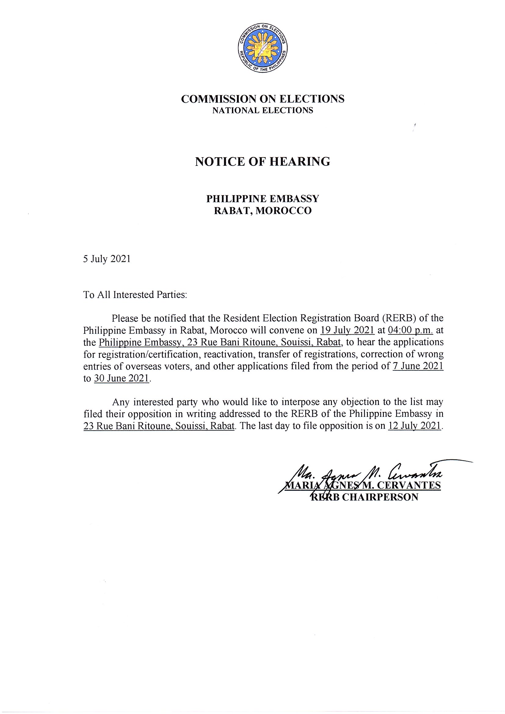 Notice of RERB Hearing 5 July 2021