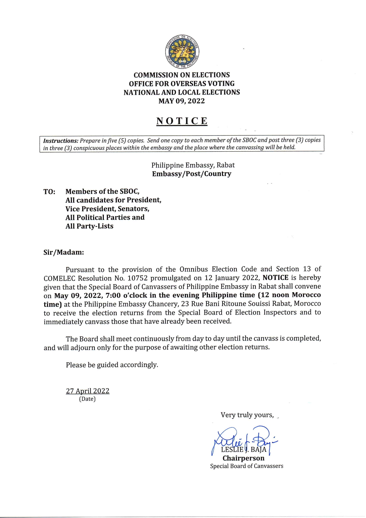 Notice on the conduct of canvassing of votes