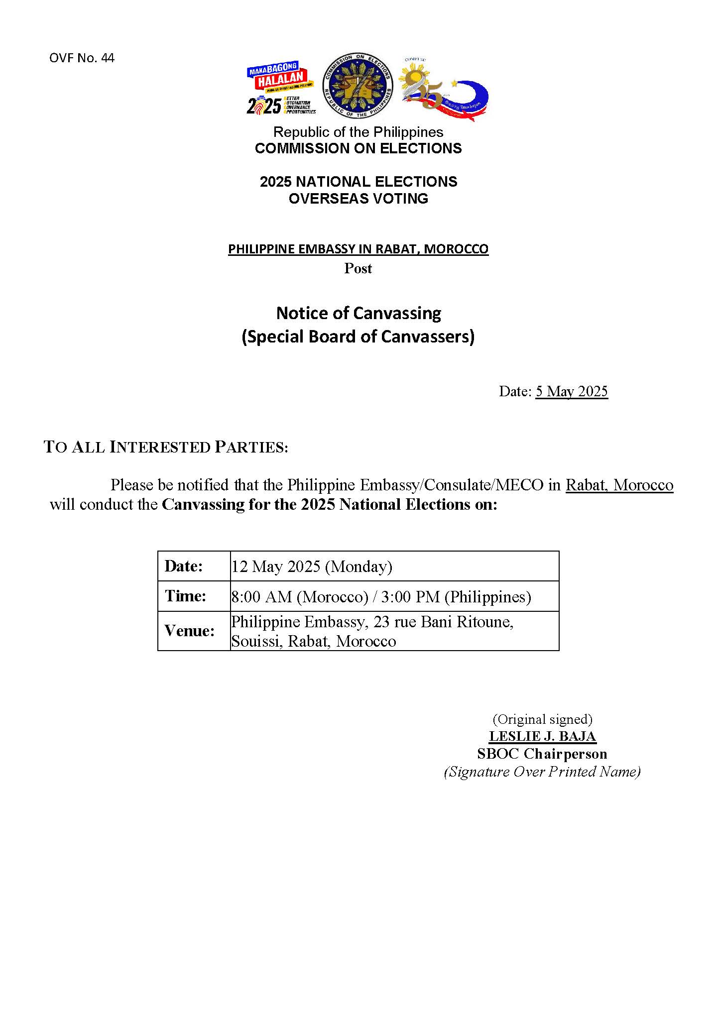 Notice of Canvassing