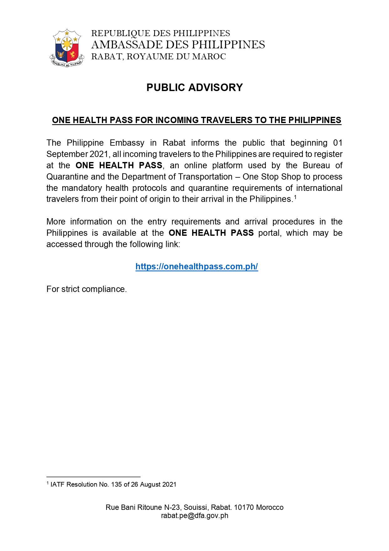 One Health Pass Advisory page 0001