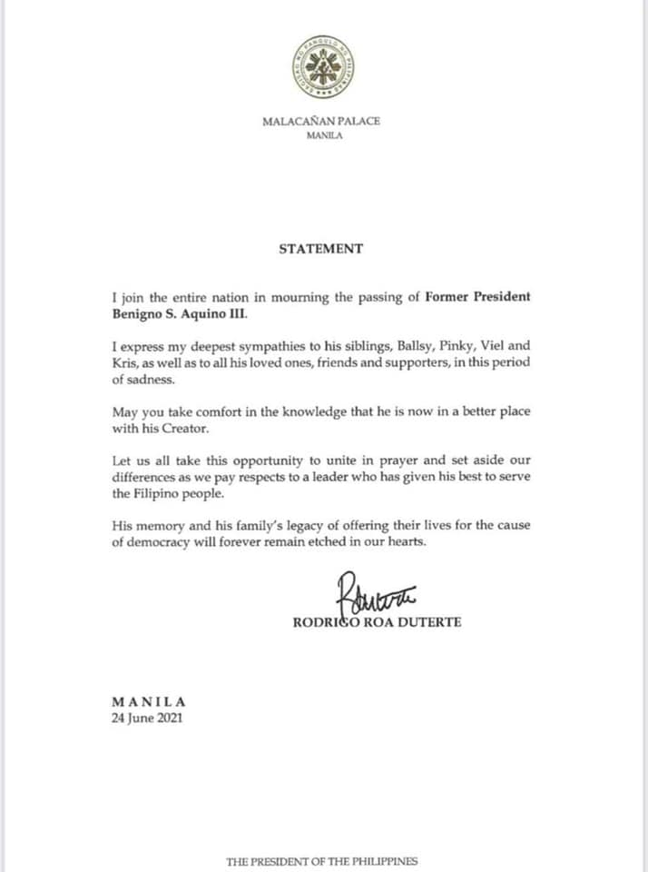 PRRD message on passing of PNoy