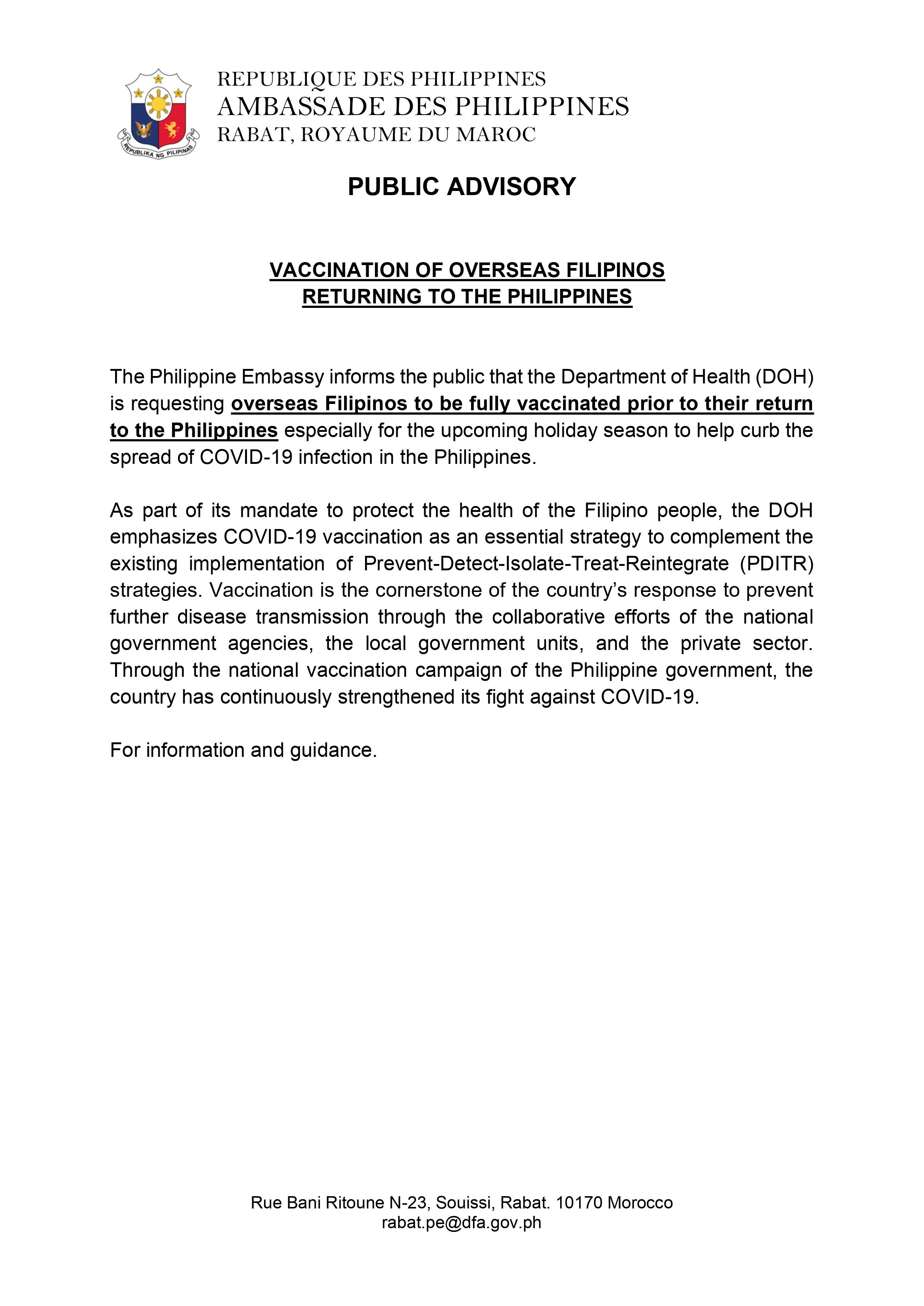 VACCINATION OF OVERSEAS FILIPINOS RETURNING TO THE PHILIPPINES